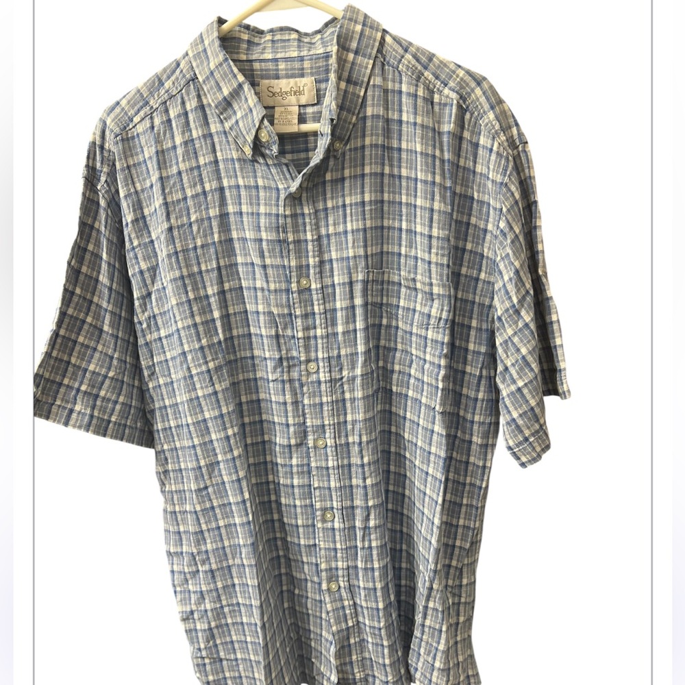 Sedgefield Short Sleeve Button-Up Shirt XL Blue White Plaid Linen Casual
